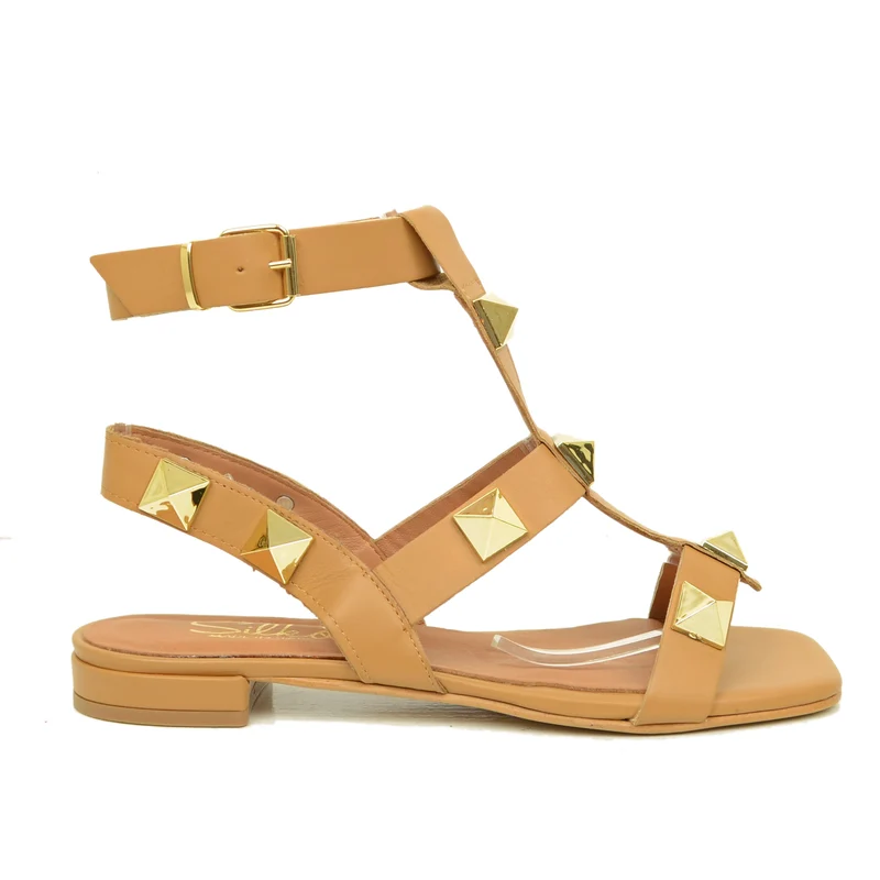 Sandali Donna Cuoio con Borchie Piramidali Made in Italy