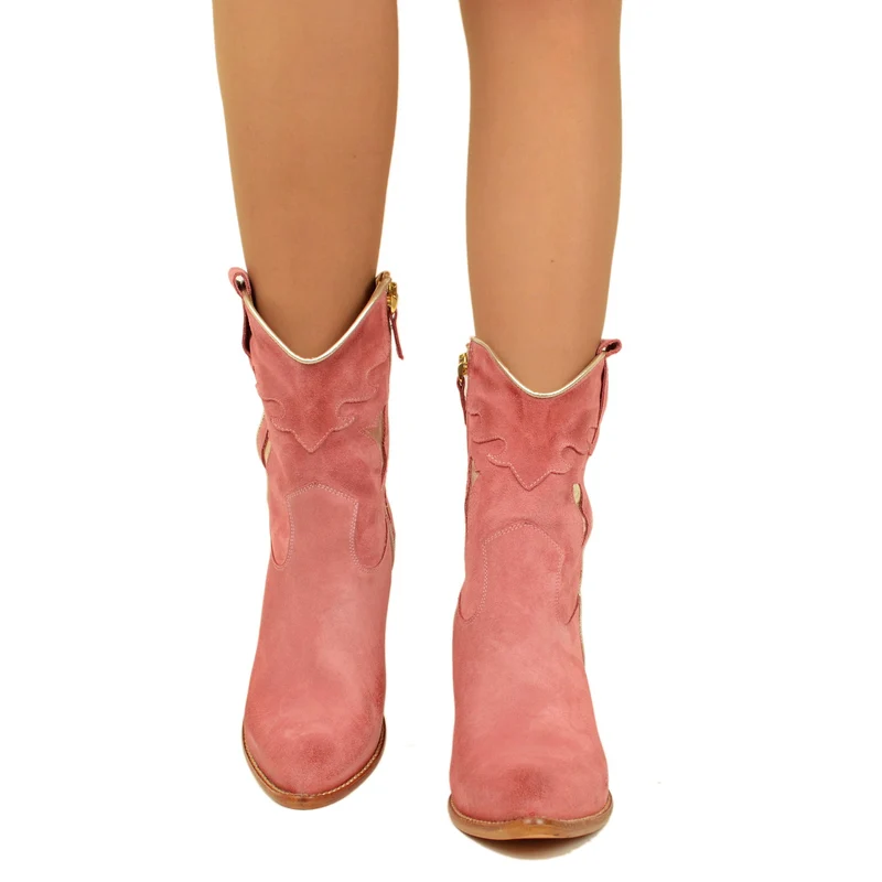 Stivaletti Texani Donna in Camoscio Rosa con Zip