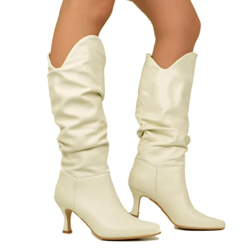 Stivali Donna Bianchi con Tacco a Rocchetto in Pelle Made in Italy