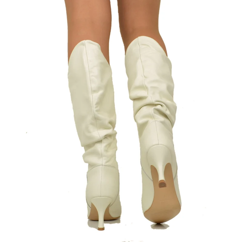 Stivali Donna Bianchi con Tacco a Rocchetto in Pelle Made in Italy