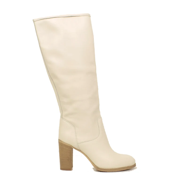 Stivali Donna Alti Bianchi in Pelle con Tacco Medio Made in Italy