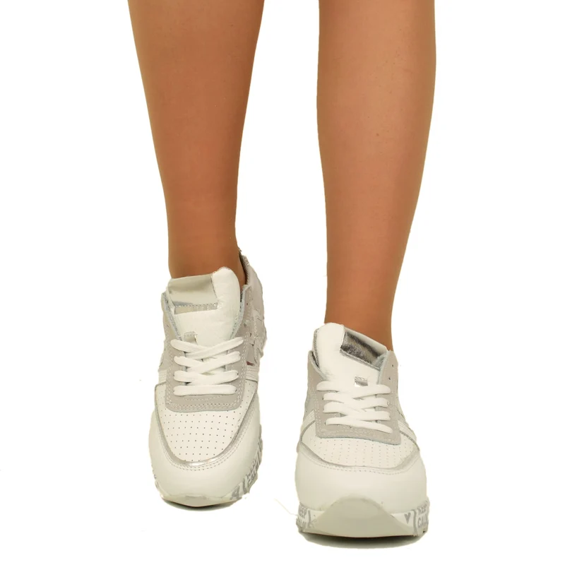 Sneakers Donna Made in Italy in Pelle Bianca e Tessuto Grigio