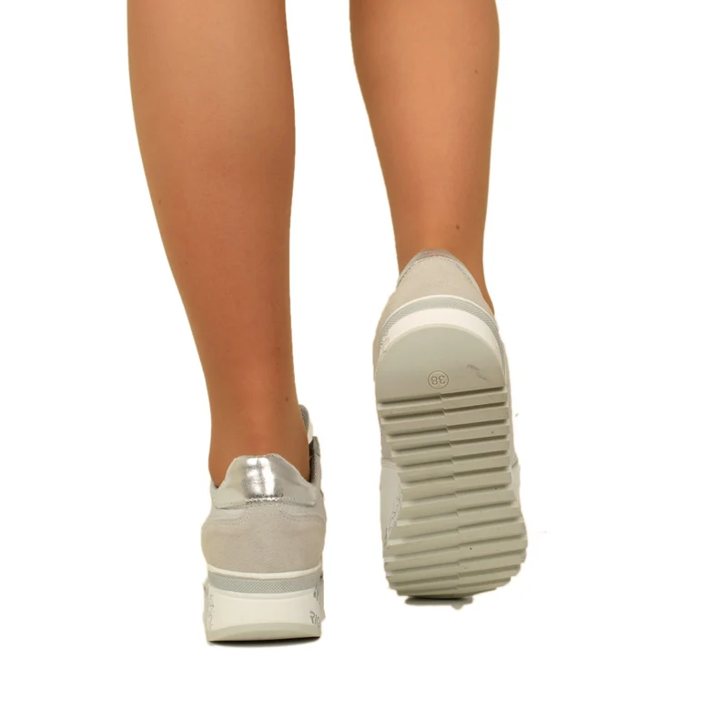 Sneakers Donna Made in Italy in Pelle Bianca e Tessuto Grigio