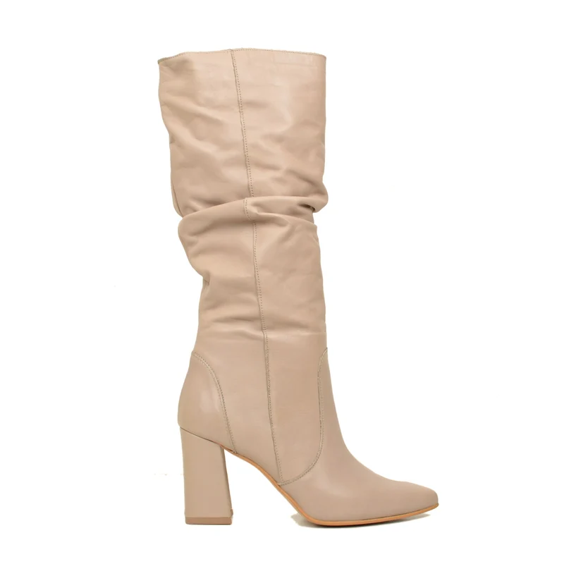 Stivali Donna in Pelle Taupe con Punta Appuntita Made in Italy