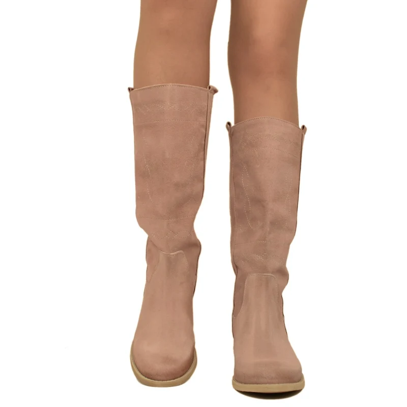 Stivali Camperos Donna Scamosciati color Rosa con Ricami