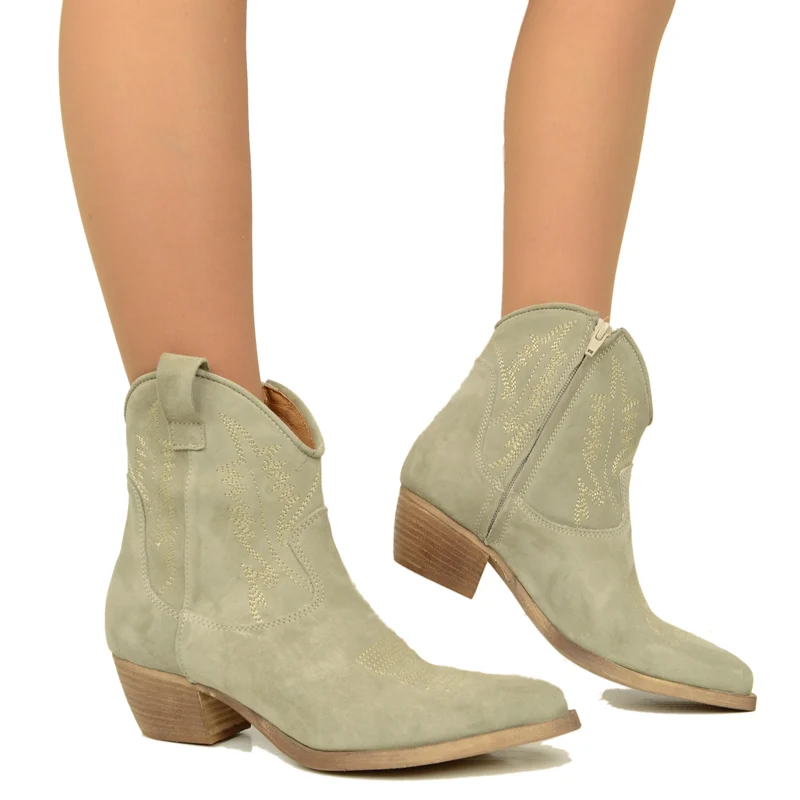 Stivaletti Texani Donna in Pelle Scamosciata Taupe Made in Italy
