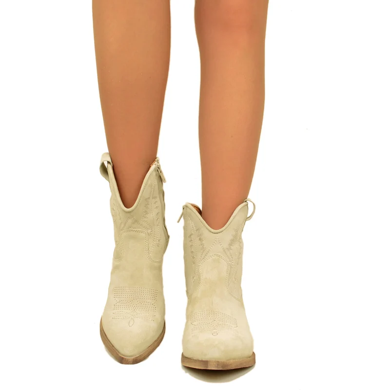Stivaletti Texani Donna in Pelle Scamosciata Sabbia Made in Italy