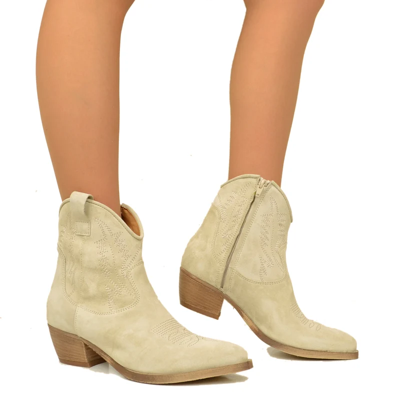 Stivaletti Texani Donna in Pelle Scamosciata Sabbia Made in Italy