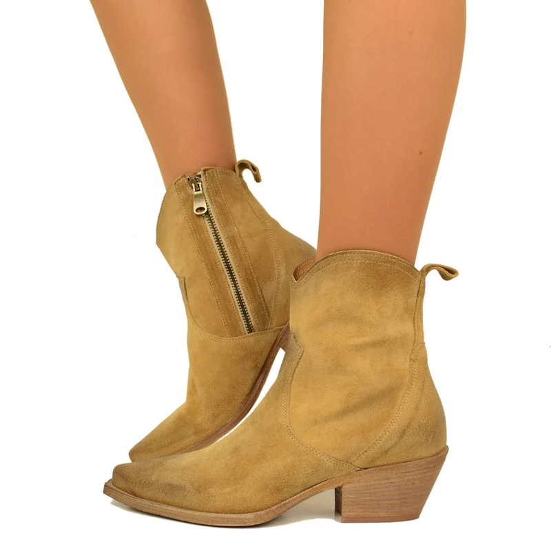 Stivaletti Donna Texani in Pelle Scamosciata Camel Made in Italy