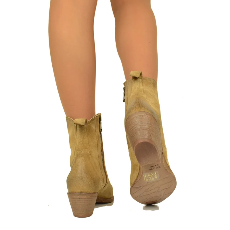 Stivaletti Donna Texani in Pelle Scamosciata Camel Made in Italy