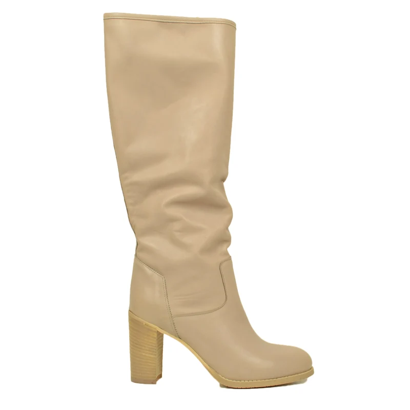 Stivali Donna Alti Taupe in Pelle con Tacco Medio Made in Italy