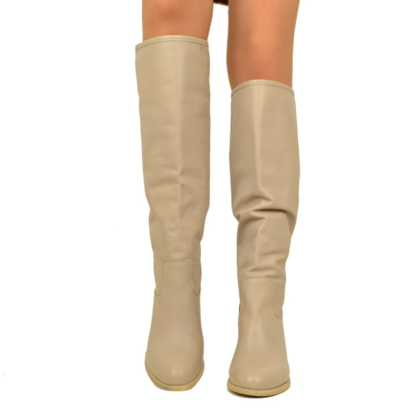 Stivali Donna Alti Taupe in Pelle con Tacco Medio Made in Italy