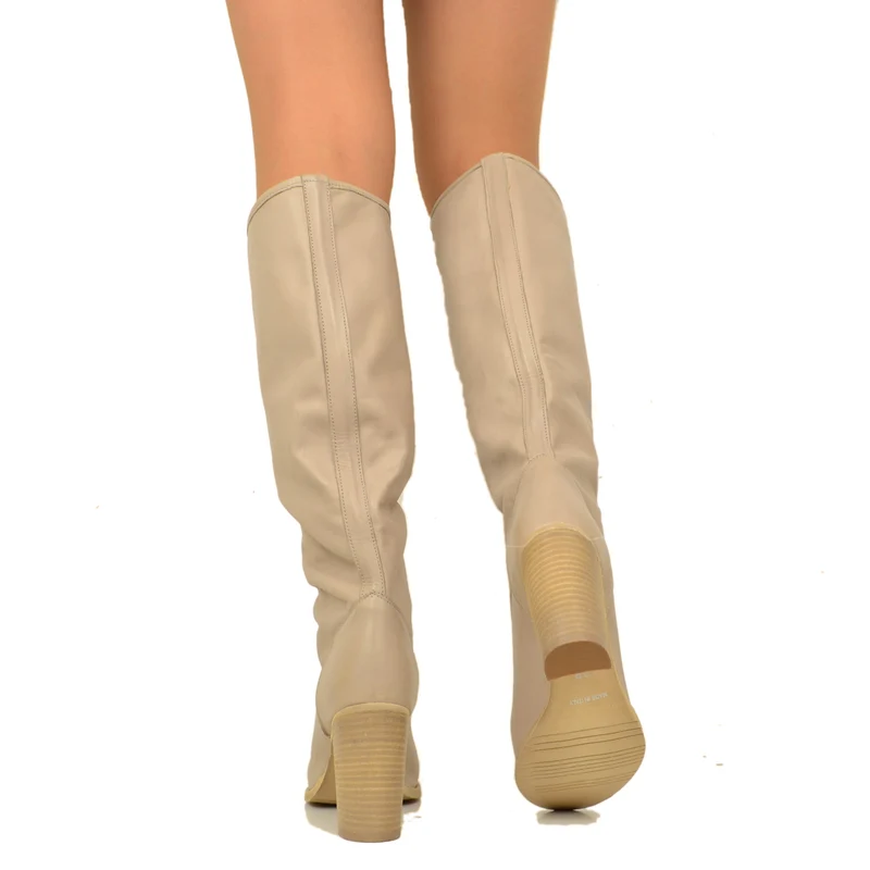 Stivali Donna Alti Taupe in Pelle con Tacco Medio Made in Italy