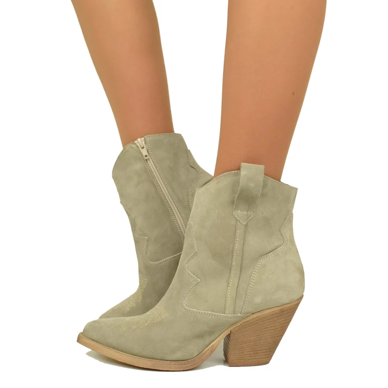 Stivaletti Texani in Pelle Scamosciata Taupe Made in Italy