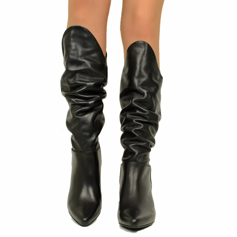 Stivali Donna con Tacco a Rocchetto in Pelle Neri Made in Italy