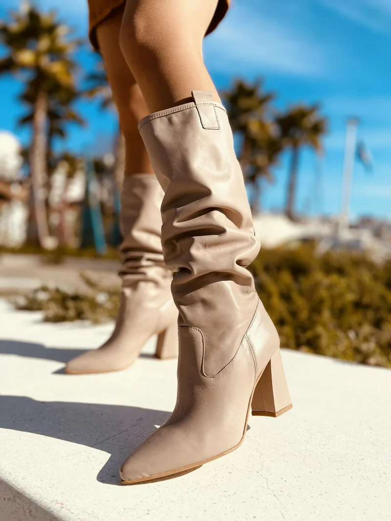 Stivali Donna Alti Taupe in Pelle Made in Italy con Tacco Alto