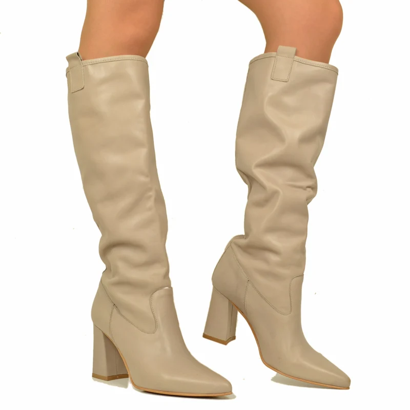 Stivali Donna Alti Taupe in Pelle Made in Italy con Tacco Alto