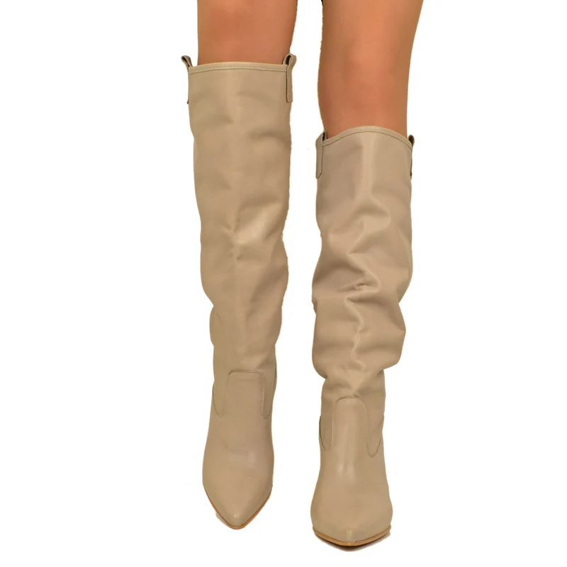Stivali Donna Alti Taupe in Pelle Made in Italy con Tacco Alto