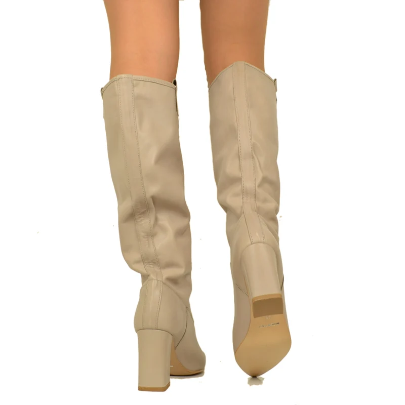 Stivali Donna Alti Taupe in Pelle Made in Italy con Tacco Alto