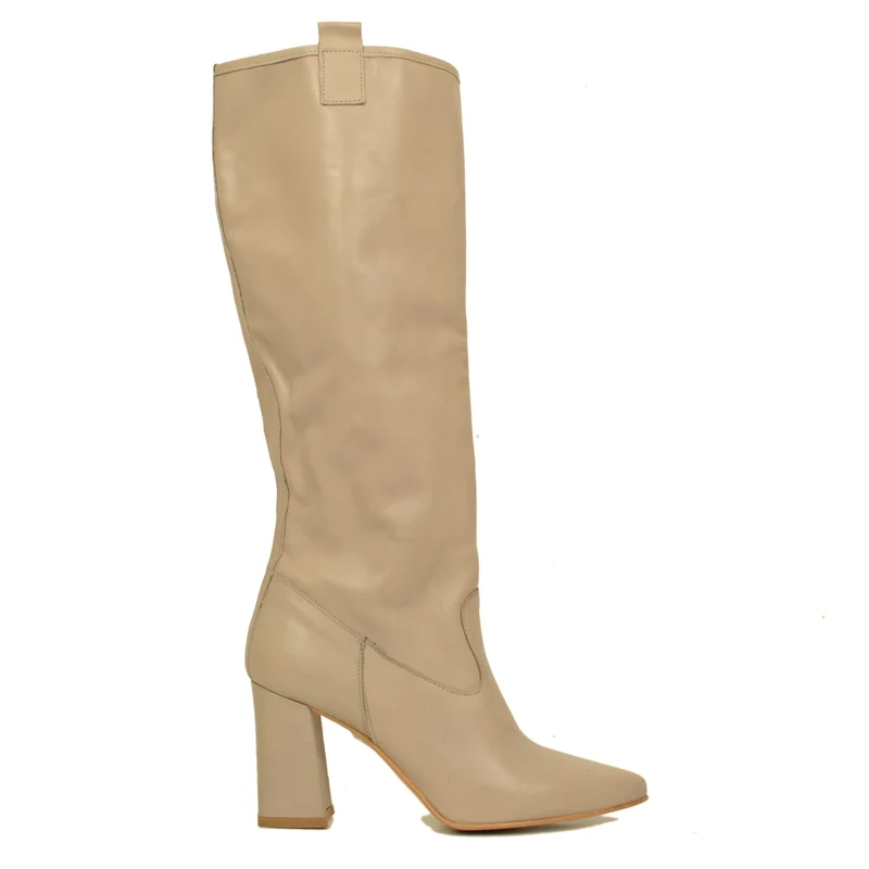 Stivali Donna Alti Taupe in Pelle Made in Italy con Tacco Alto