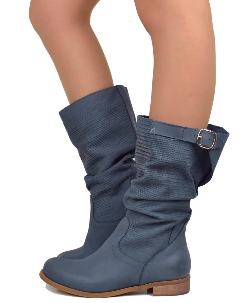 Stivali Donna Avio Morbidi Gambale Zigrinato Pelle Vintage