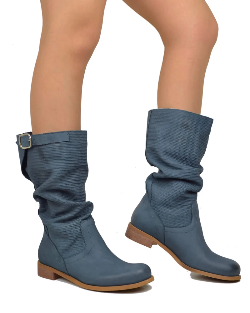 Stivali Donna Avio Morbidi Gambale Zigrinato Pelle Vintage