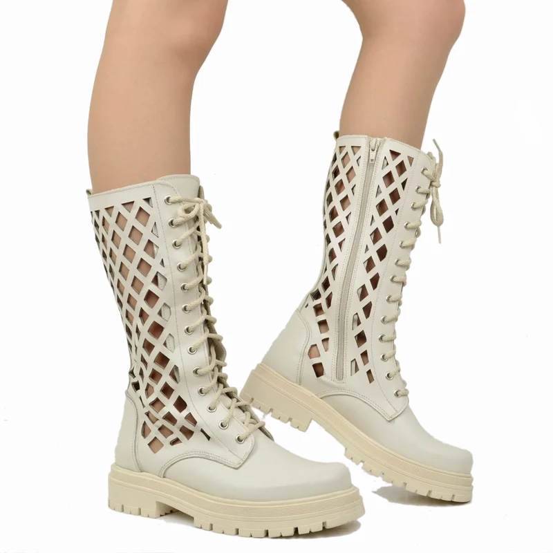 Stivali Biker Donna Traforati Bianchi in Pelle Made in Italy