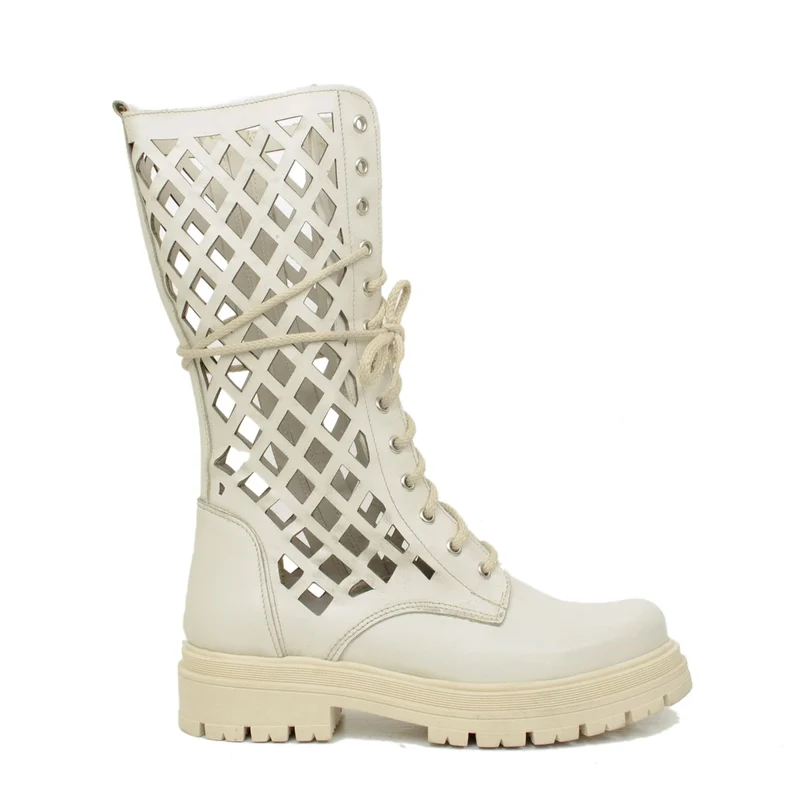 Stivali Biker Donna Traforati Bianchi in Pelle Made in Italy