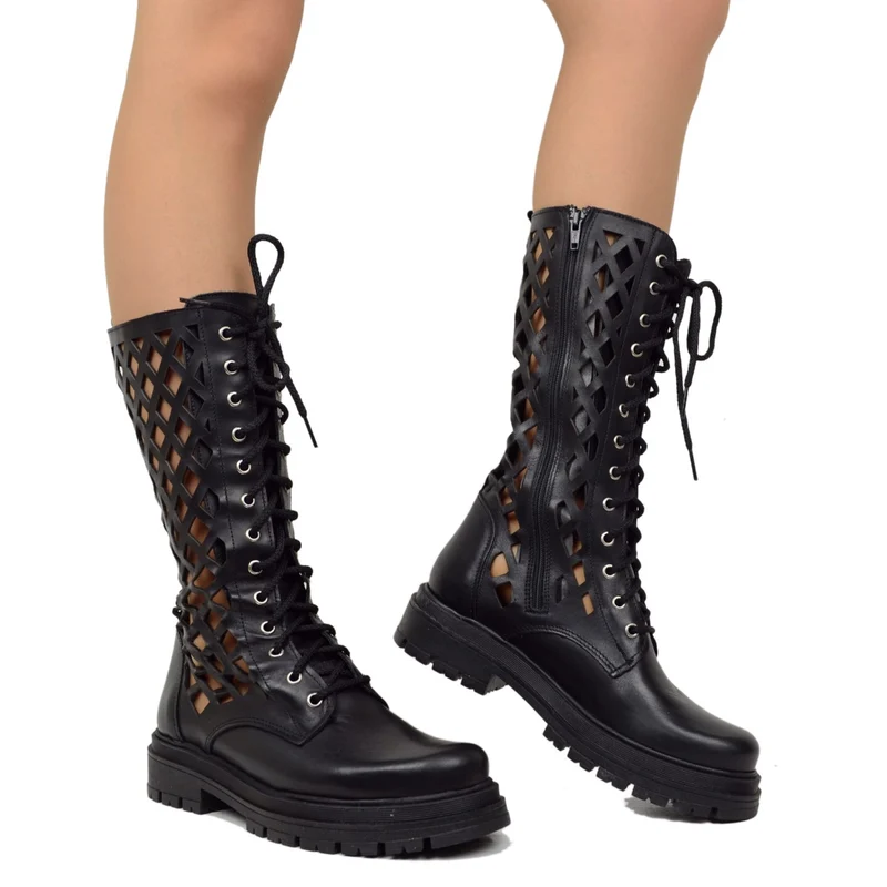 Stivali Biker Donna Neri in Pelle Traforata Made in Italy