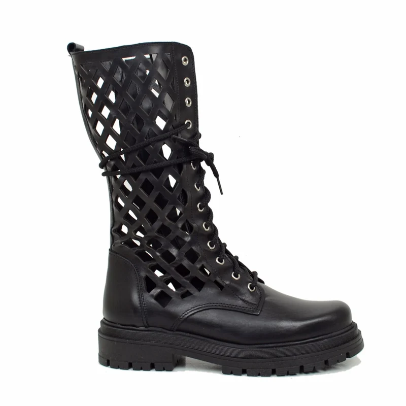 Stivali Biker Donna Neri in Pelle Traforata Made in Italy
