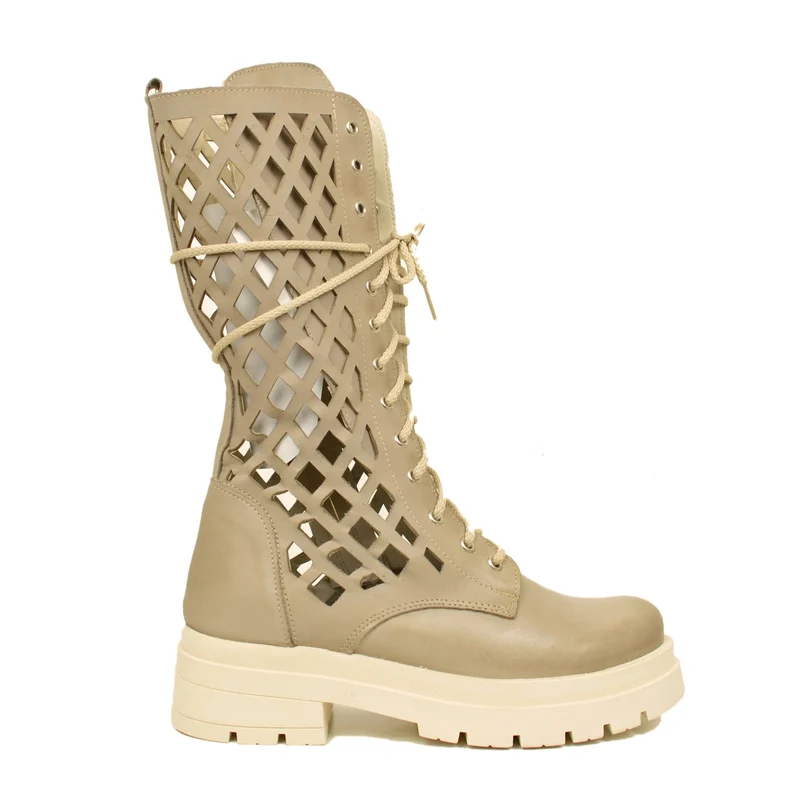 Stivali Biker Donna Traforati in Pelle Beige Made in Italy