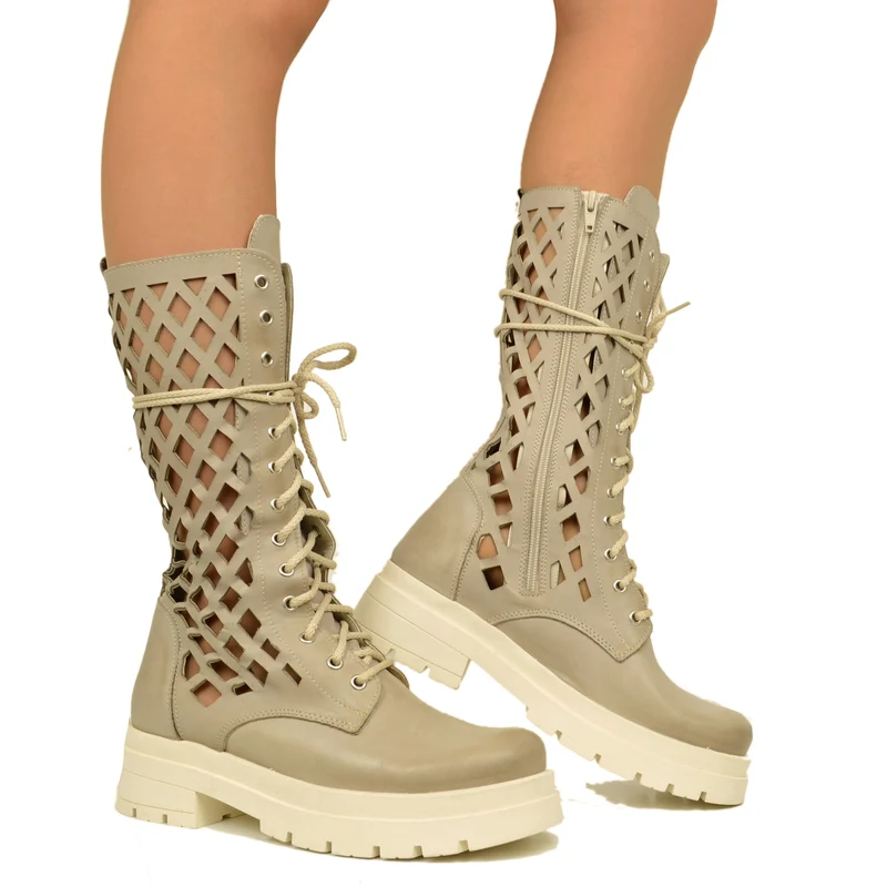Stivali Biker Donna Traforati in Pelle Beige Made in Italy
