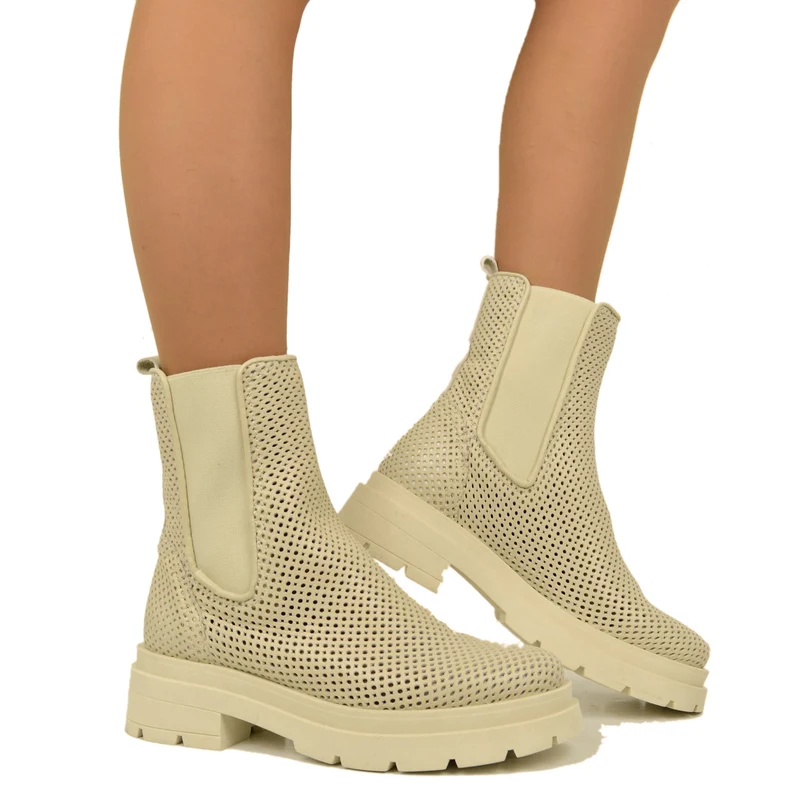 Stivaletti Beatles Donna Traforati Beige Made in Italy