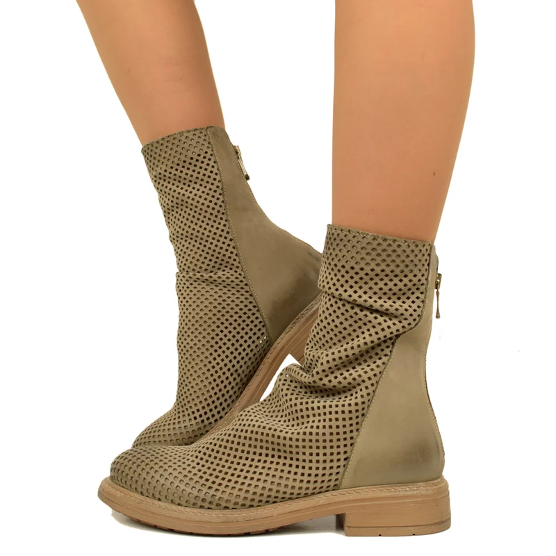 Stivaletti Biker Donna Traforati in Pelle Taupe con Zip