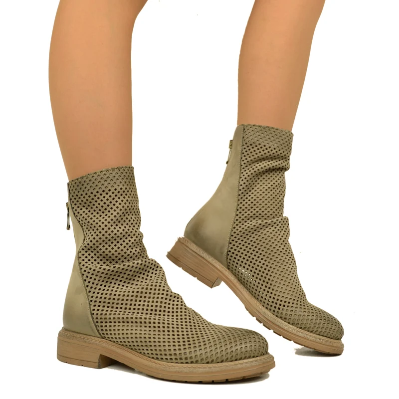 Stivaletti Biker Donna Traforati in Pelle Taupe con Zip