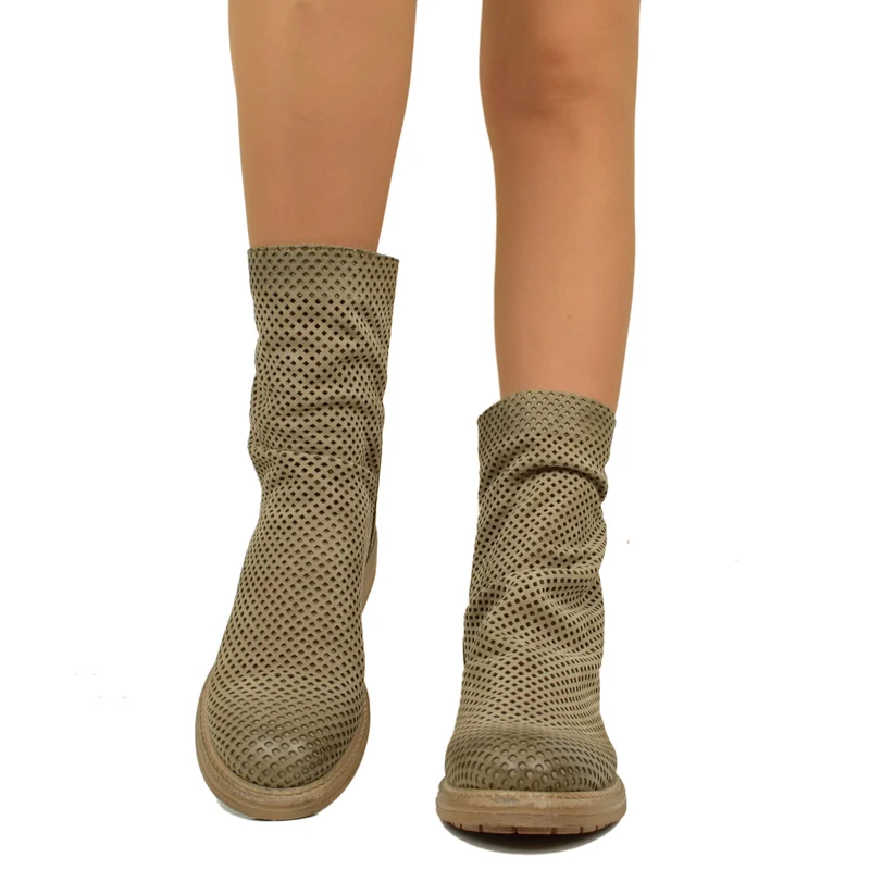Stivaletti Biker Donna Traforati in Pelle Taupe con Zip