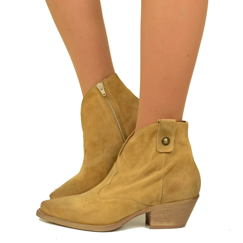 Stivaletti Texani Donna in Pelle Taupe con Zip Made in Italy