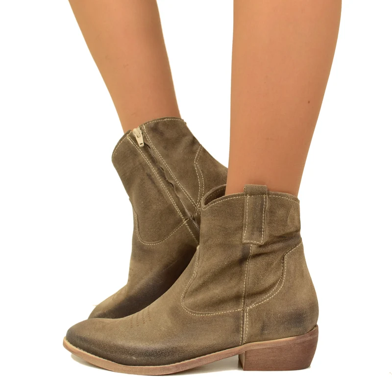 Stivaletti Donna Texani in Pelle Scamosciata Taupe Made in Italy