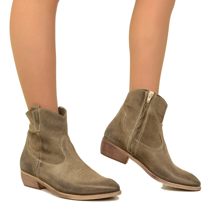 Stivaletti Donna Texani in Pelle Scamosciata Taupe Made in Italy