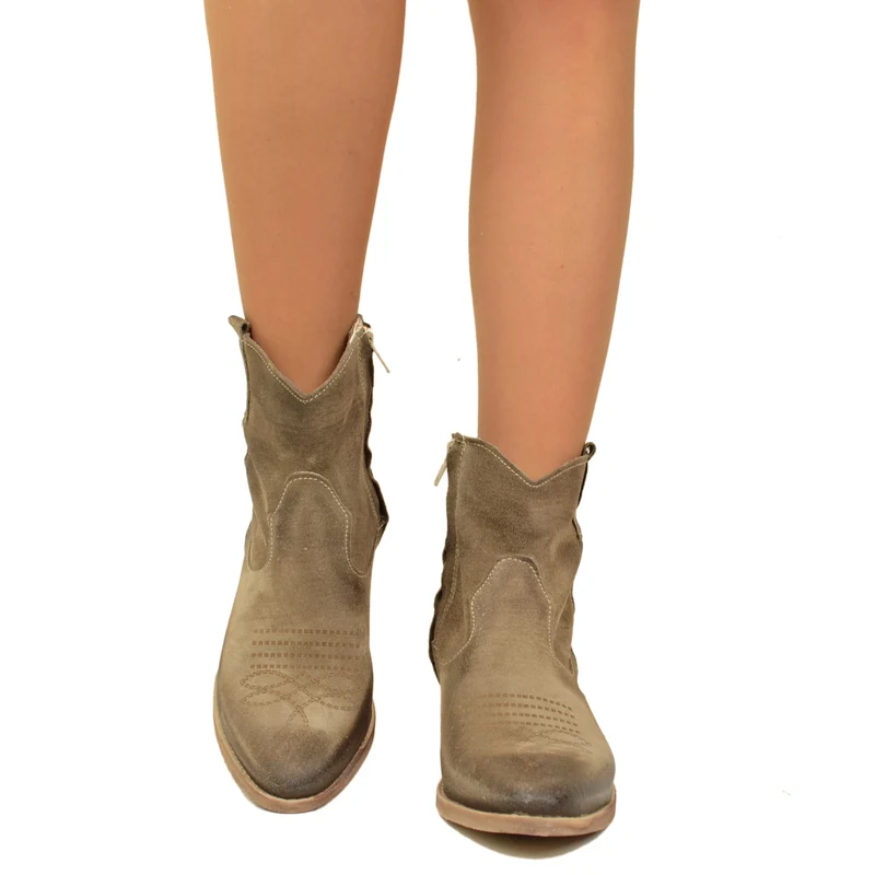Stivaletti Donna Texani in Pelle Scamosciata Taupe Made in Italy