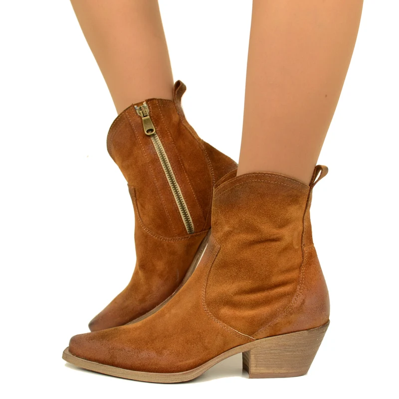 Stivaletti Donna Texani in Pelle Scamosciata Cuoio Made in Italy