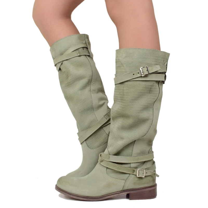 Stivali Donna color Verde Menta in Pelle Nabuk Zigrinati