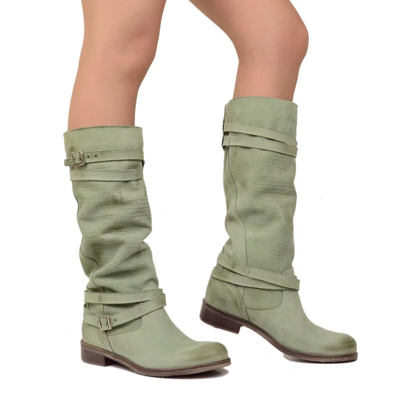 Stivali Donna color Verde Menta in Pelle Nabuk Zigrinati