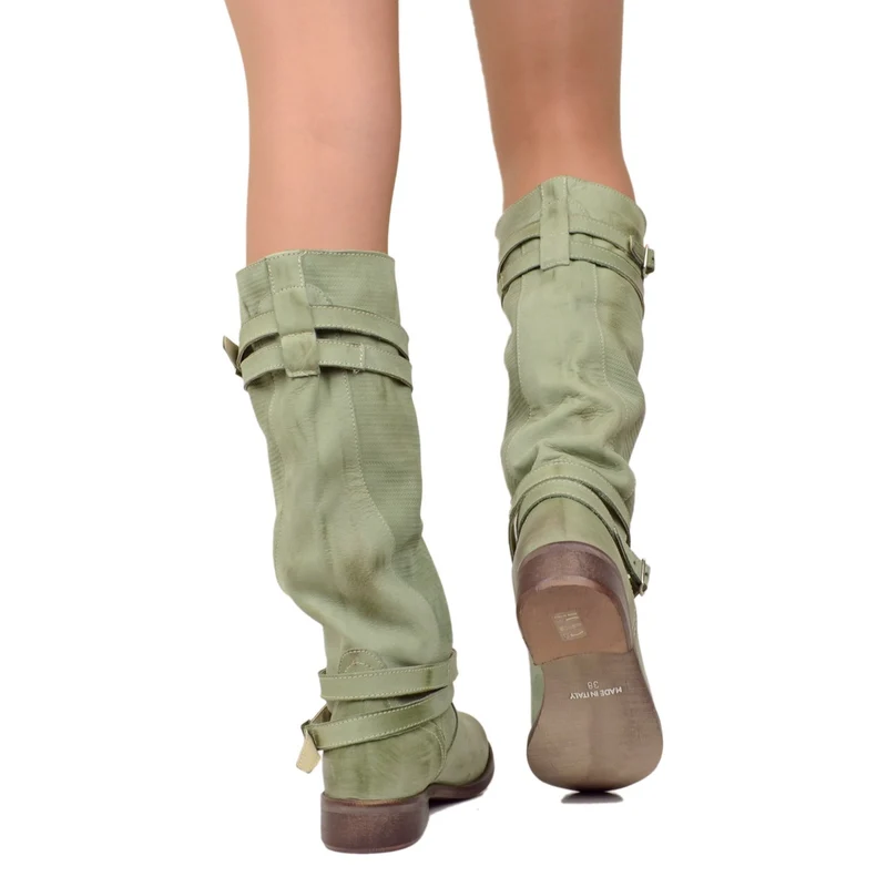 Stivali Donna color Verde Menta in Pelle Nabuk Zigrinati
