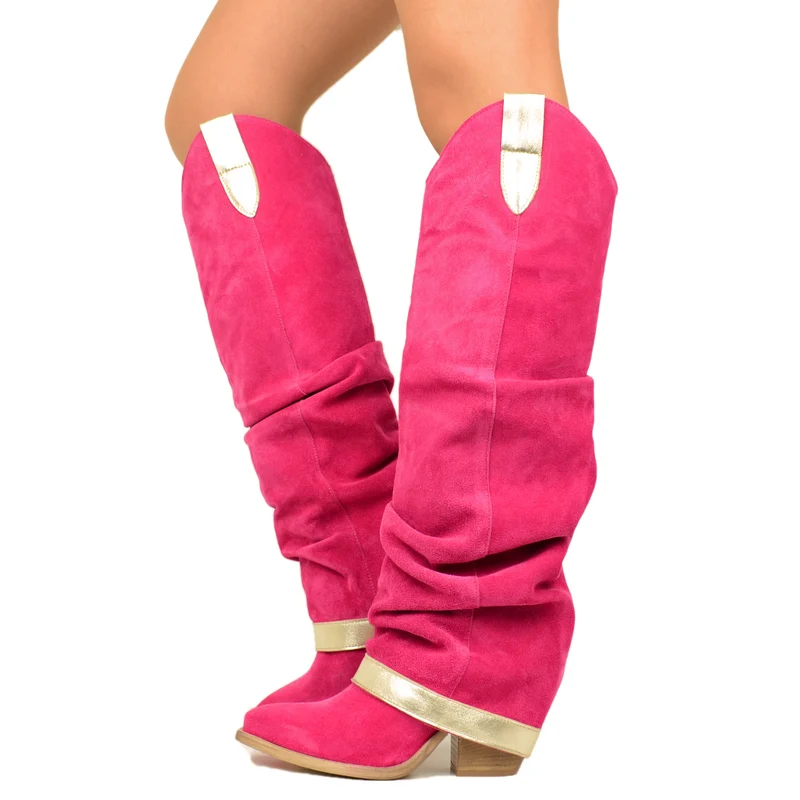 Stivali Texani Alti Fuxia con Ghetta in Pelle Scamosciata