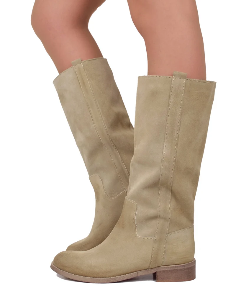 Stivali Camperos Donna Beige in Pelle Vintage Scamosciata