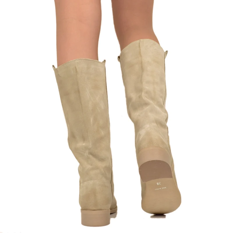Stivali Camperos Donna Beige in Pelle Vintage Scamosciata