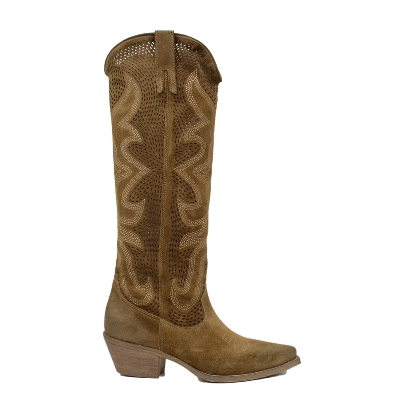 Stivali Texani Traforati in Pelle Scamosciata Taupe Made in Italy