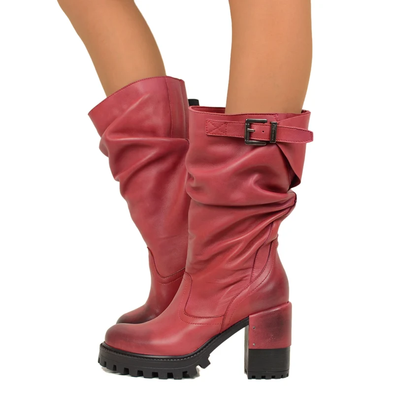 Stivali Donna in Pelle Rossi con Tacco Alto Made in Italy