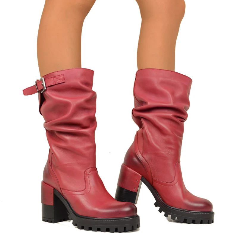 Stivali Donna in Pelle Rossi con Tacco Alto Made in Italy